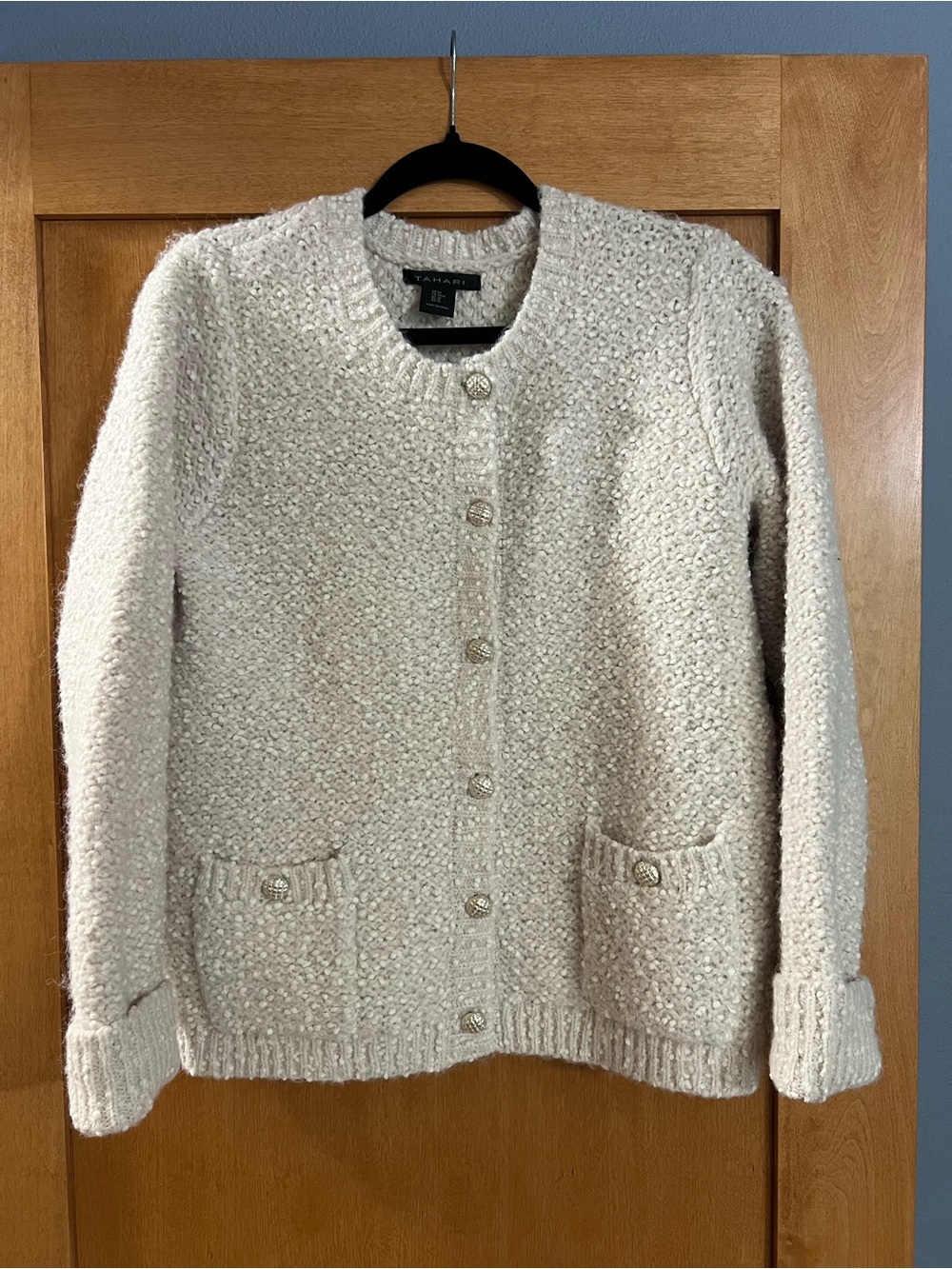 Tahari Cream Bouclé Button Cardigan